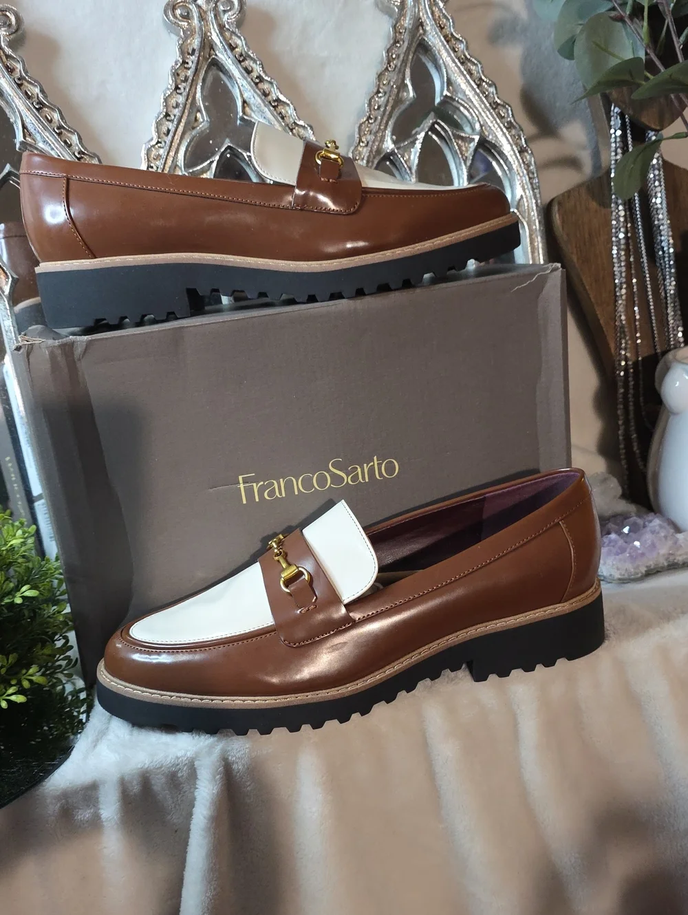 Franco Sarto Brown and White Colettte  Bridle Bit Loafers for Women Sz 11W